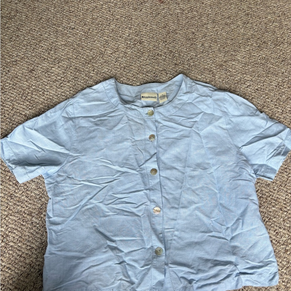 Light Blue linen Button-Up Shirt mother pearl buttons